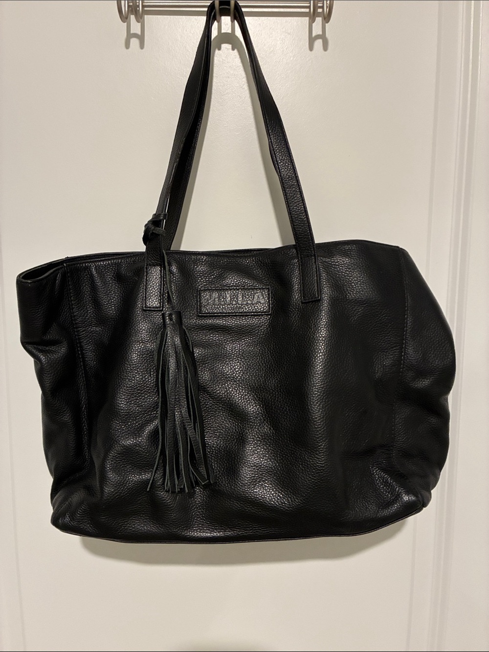 Classic Black Leather Tote Bag with Tassel
